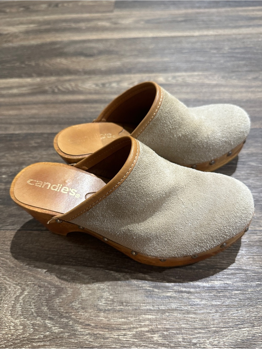Candie's Tan Suede Clog Mules with Studded Wood Sole